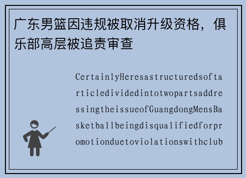广东男篮因违规被取消升级资格，俱乐部高层被追责审查